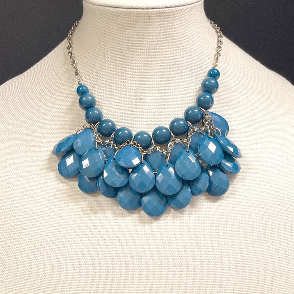 Blue Multi Strand Vintage Necklace with Clustered Teardrop Faceted Lucite Beads